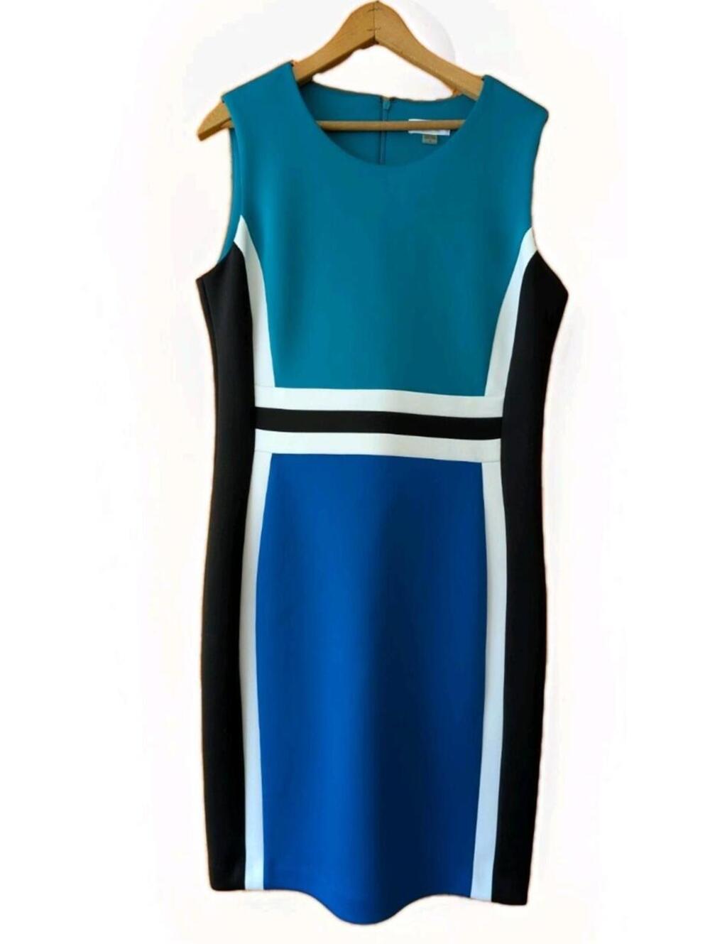 Calvin Klein Scuba Sheath Dress Size 14 Colorblock Blue Teal Black White...
